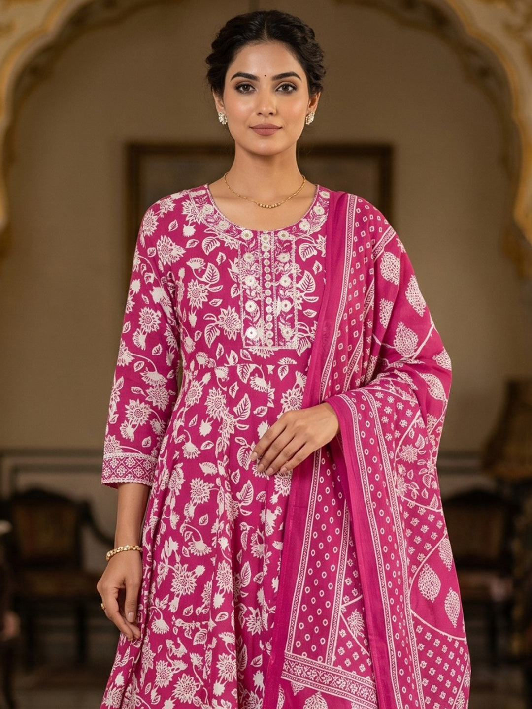 Pink Embroidery Cotton Blend Kurta With Pant & Dupatta