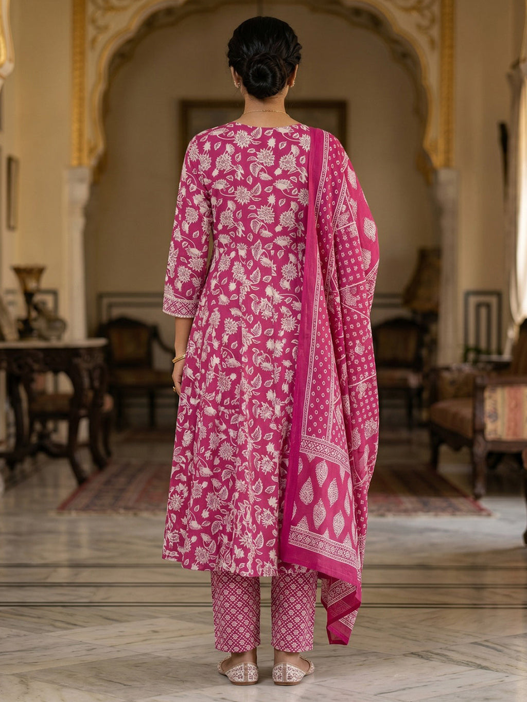Pink Embroidery Cotton Blend Kurta With Pant & Dupatta