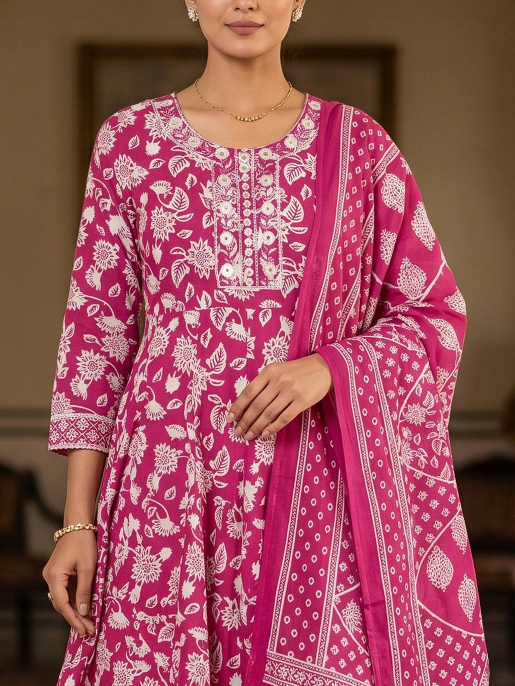 Pink Embroidery Cotton Blend Kurta With Pant & Dupatta