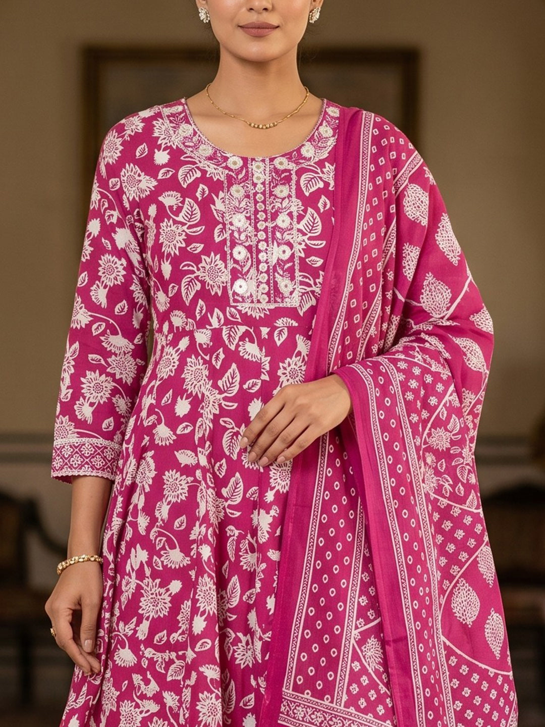 Pink Embroidery Cotton Blend Kurta With Pant & Dupatta