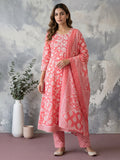 Red Embroidery Cotton Blend Kurta With Pant & Dupatta