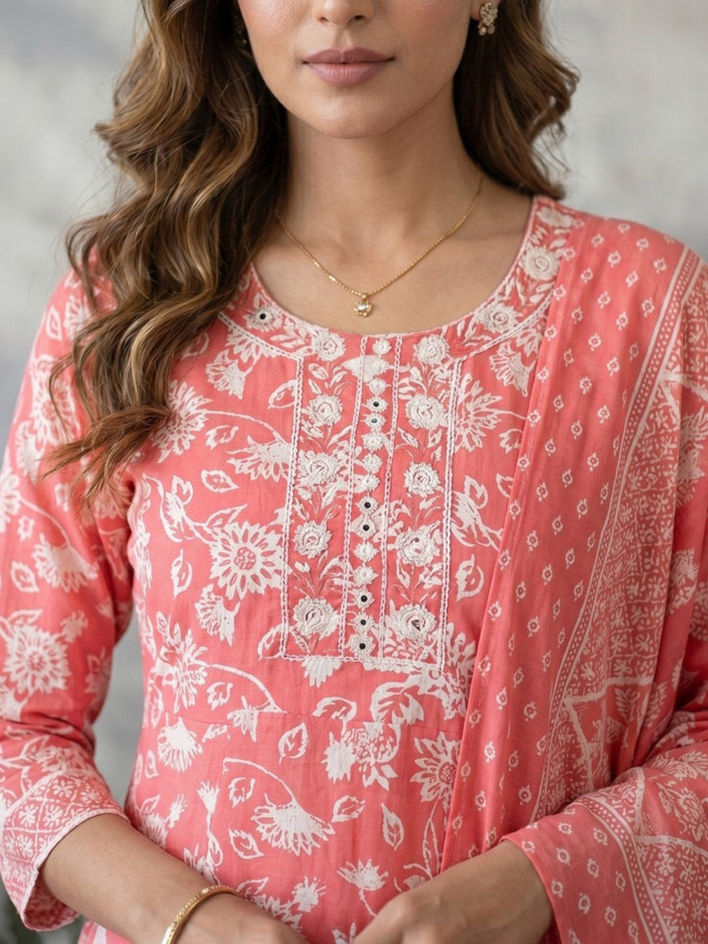 Red Embroidery Cotton Blend Kurta With Pant & Dupatta