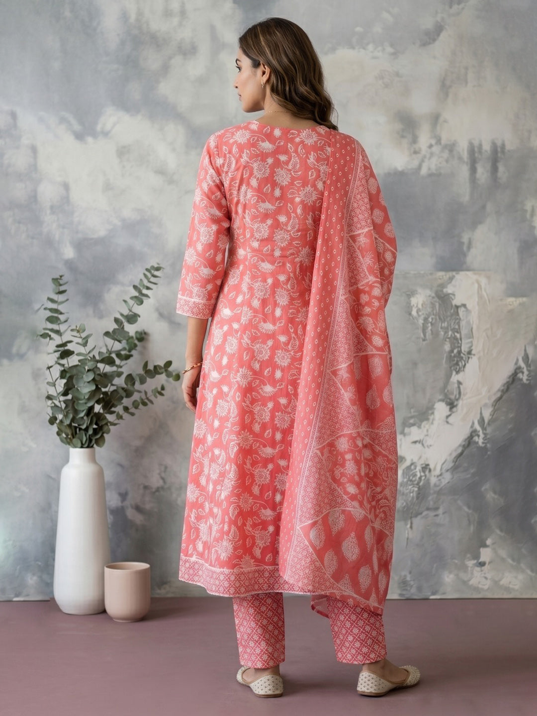 Red Embroidery Cotton Blend Kurta With Pant & Dupatta