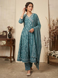 Blue Embroidery Cotton Blend Kurta With Pant & Dupatta