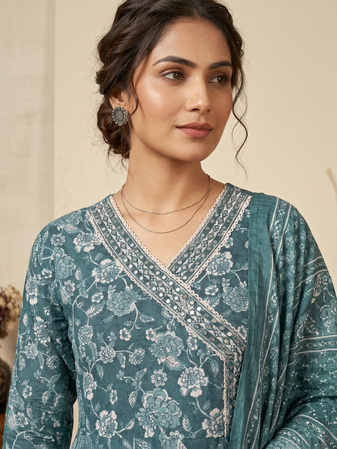 Blue Embroidery Cotton Blend Kurta With Pant & Dupatta