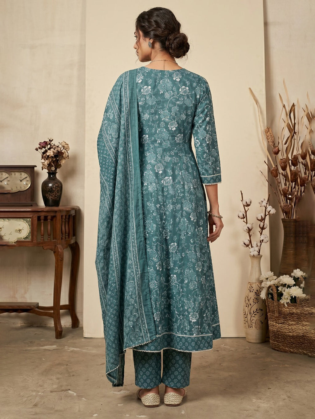 Blue Embroidery Cotton Blend Kurta With Pant & Dupatta