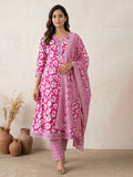 Pink Embroidery Cotton Blend Kurta With Pant & Dupatta