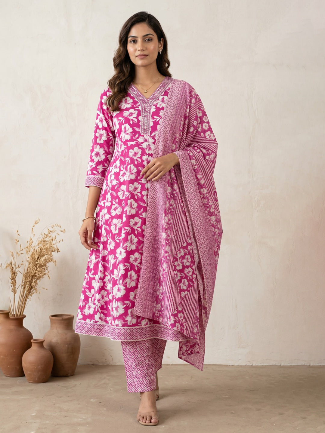 Pink Embroidery Cotton Blend Kurta With Pant & Dupatta