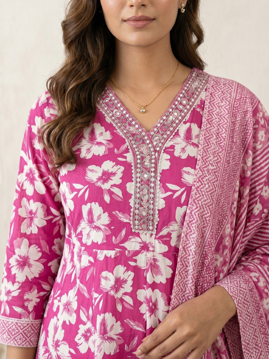 Pink Embroidery Cotton Blend Kurta With Pant & Dupatta