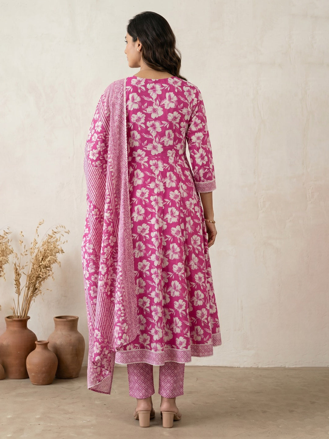 Pink Embroidery Cotton Blend Kurta With Pant & Dupatta