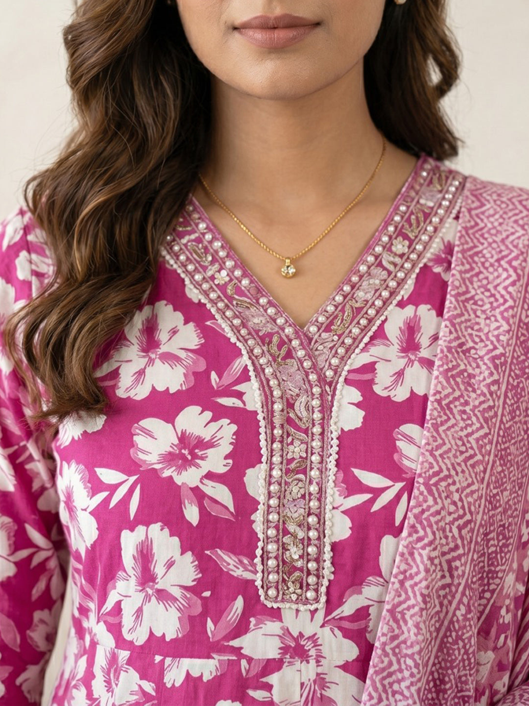 Pink Embroidery Cotton Blend Kurta With Pant & Dupatta