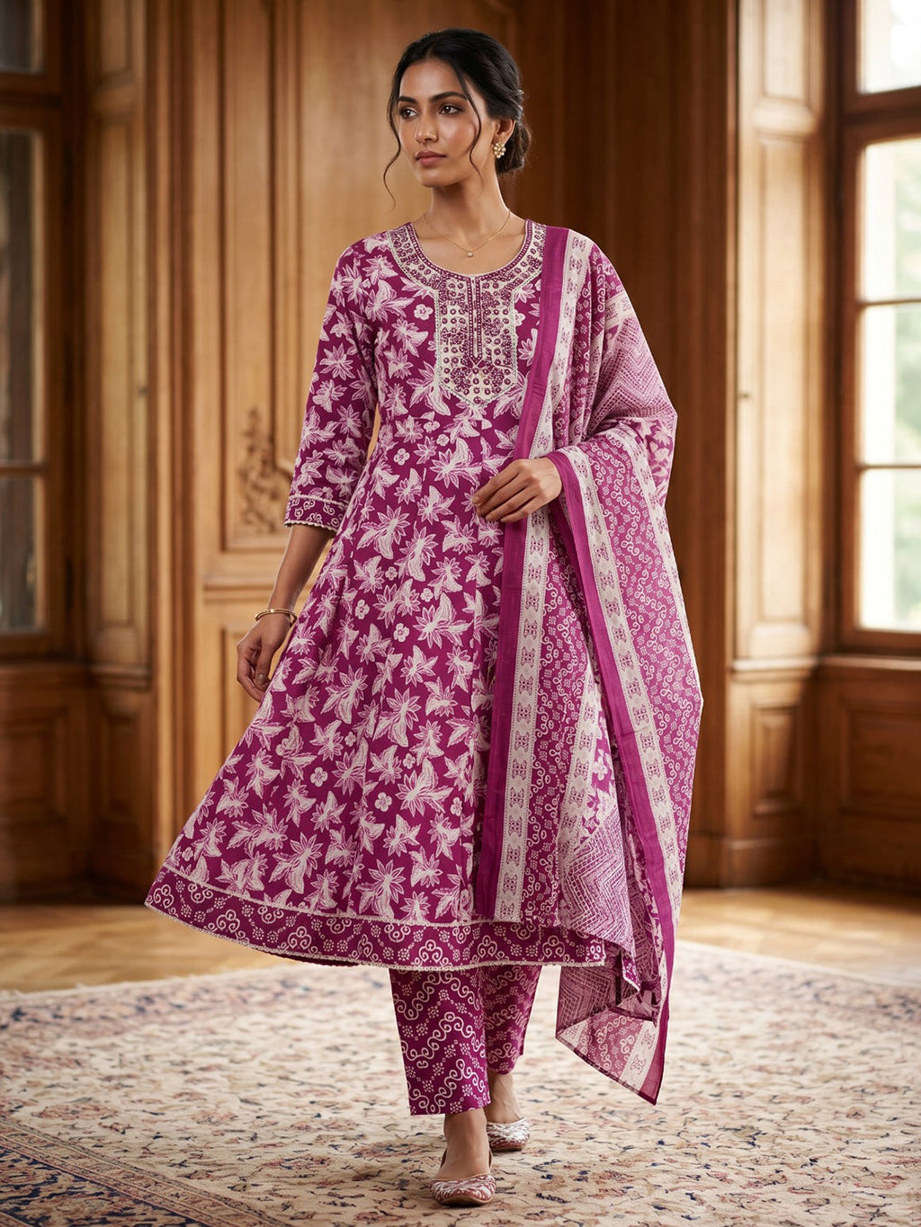 Wine Embroidery Cotton Blend Kurta With Pant & Dupatta