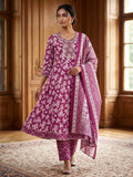 Wine Embroidery Cotton Blend Kurta With Pant & Dupatta