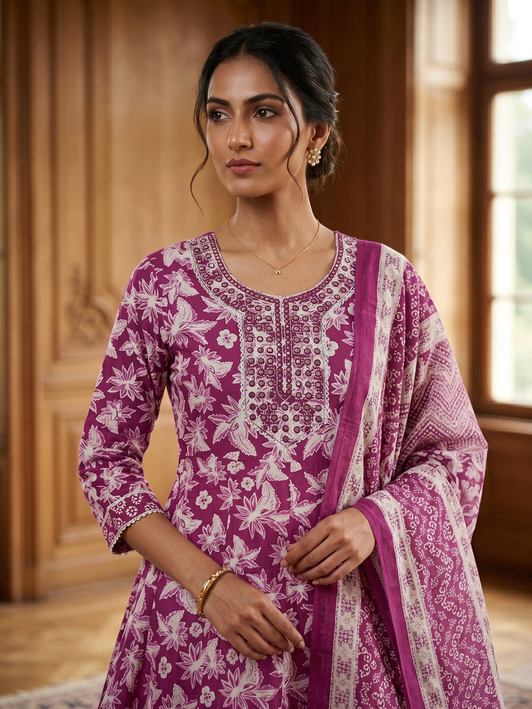Wine Embroidery Cotton Blend Kurta With Pant & Dupatta