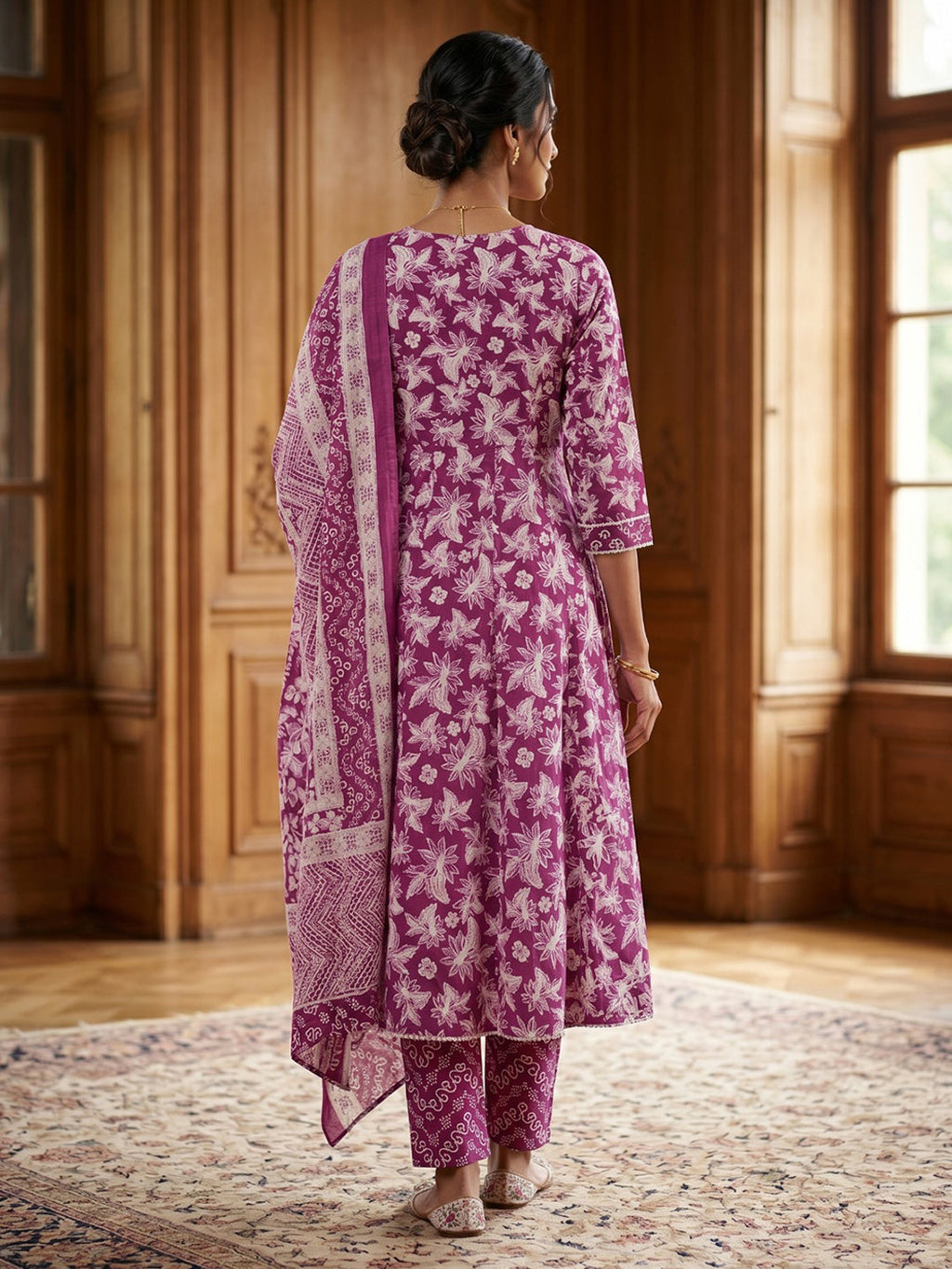 Wine Embroidery Cotton Blend Kurta With Pant & Dupatta