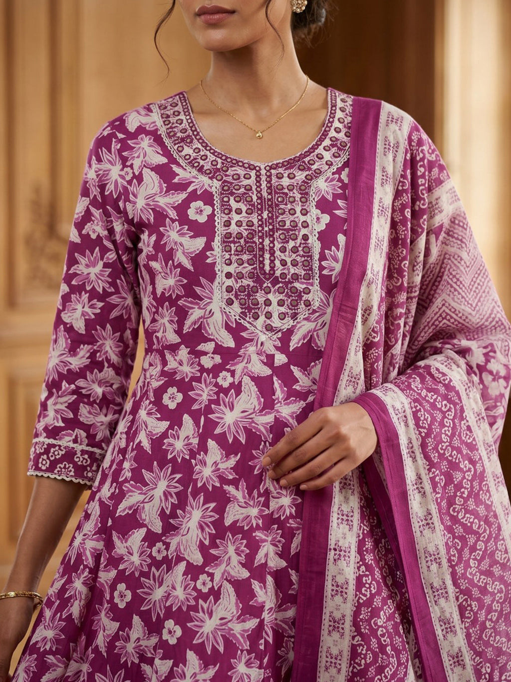 Wine Embroidery Cotton Blend Kurta With Pant & Dupatta