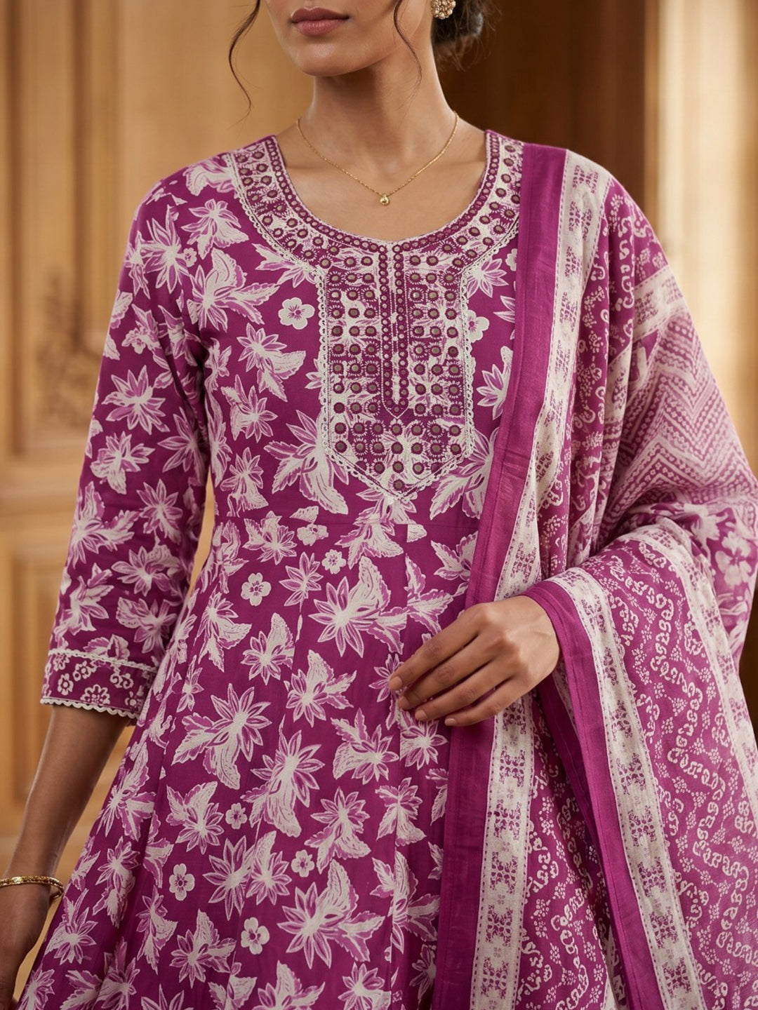 Wine Embroidery Cotton Blend Kurta With Pant & Dupatta