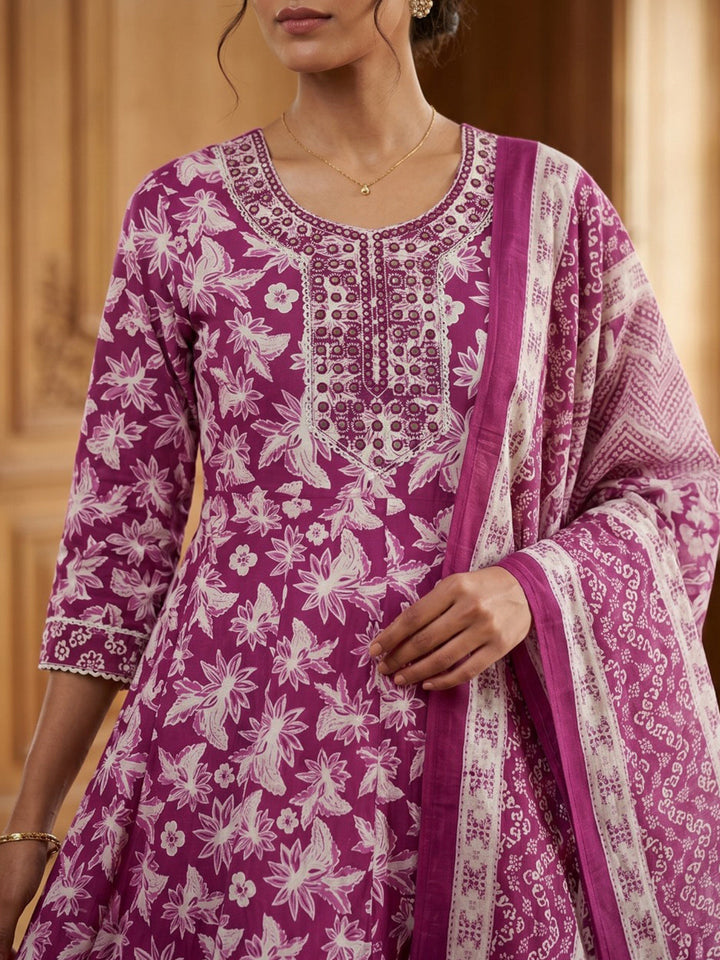 Wine Embroidery Cotton Blend Kurta With Pant &amp; Dupatta