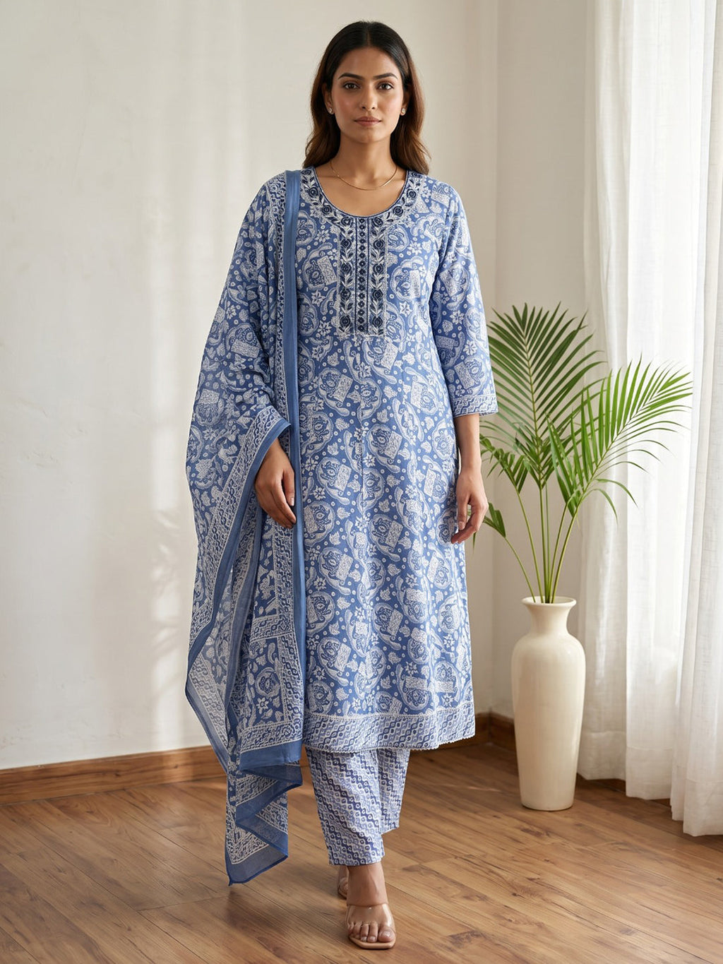 Blue Printed Cotton Blend Kurta With Pant & Dupatta