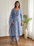 Blue Printed Cotton Blend Kurta With Pant & Dupatta