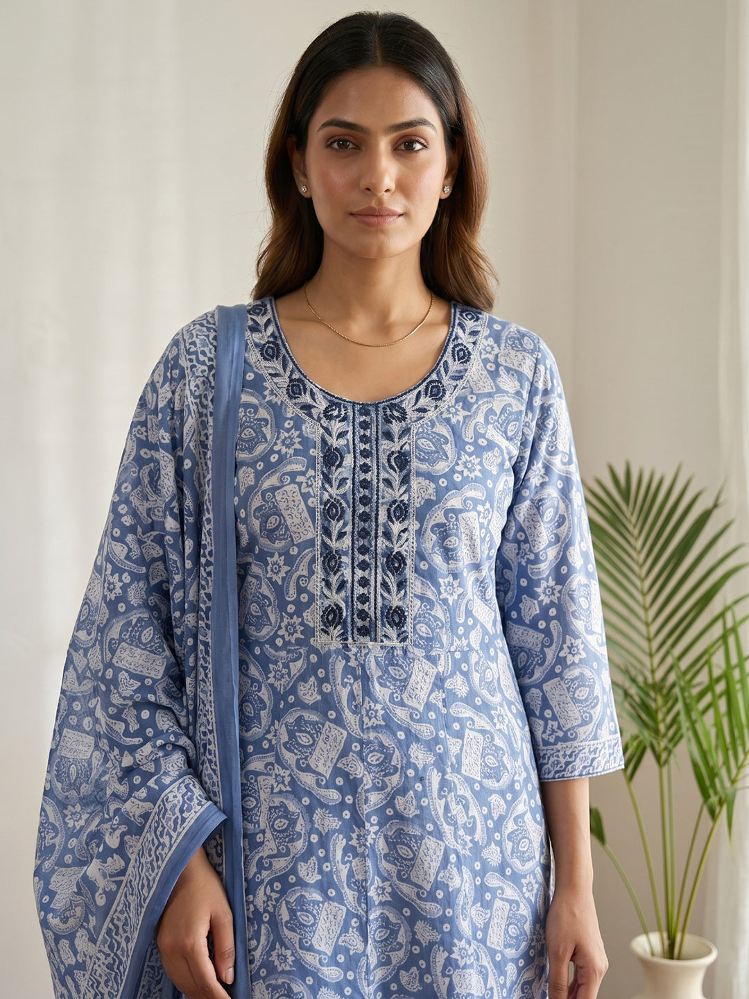 Blue Printed Cotton Blend Kurta With Pant & Dupatta