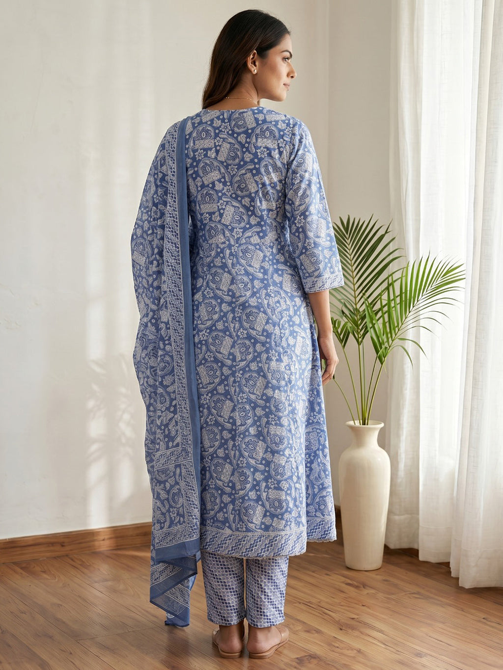 Blue Printed Cotton Blend Kurta With Pant & Dupatta
