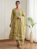 Mustard Printed Cotton Blend Kurta With Pant & Dupatta