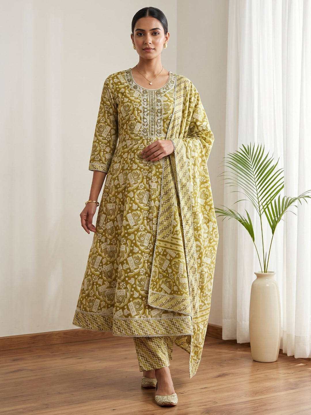 Mustard Printed Cotton Blend Kurta With Pant & Dupatta