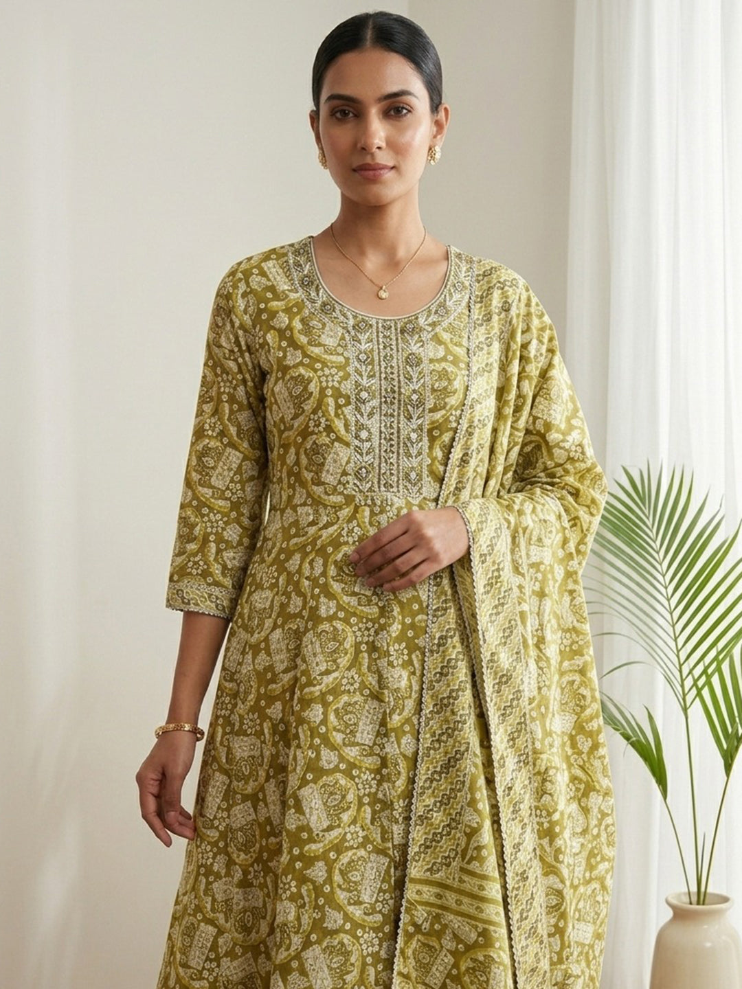 Mustard Printed Cotton Blend Kurta With Pant & Dupatta