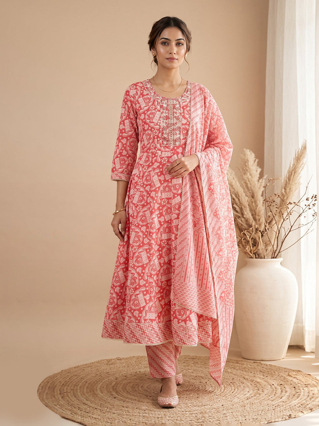 Red Printed Cotton Blend Kurta With Pant & Dupatta
