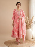 Red Printed Cotton Blend Kurta With Pant & Dupatta