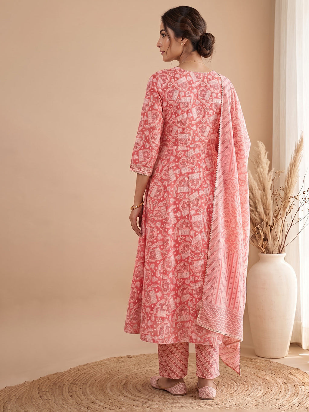 Red Printed Cotton Blend Kurta With Pant & Dupatta