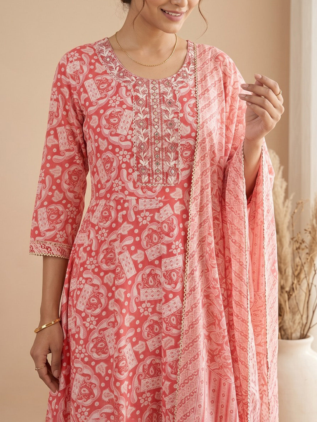 Red Printed Cotton Blend Kurta With Pant & Dupatta