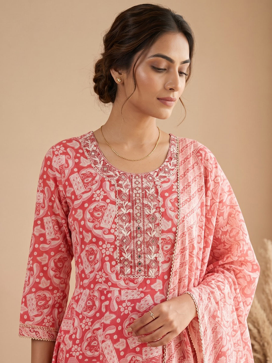 Red Printed Cotton Blend Kurta With Pant & Dupatta