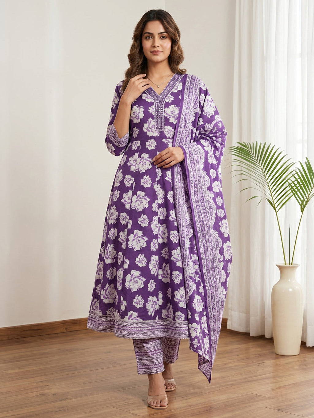 Purple Printed Cotton Blend Kurta With Pant & Dupatta