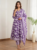 Purple Printed Cotton Blend Kurta With Pant & Dupatta