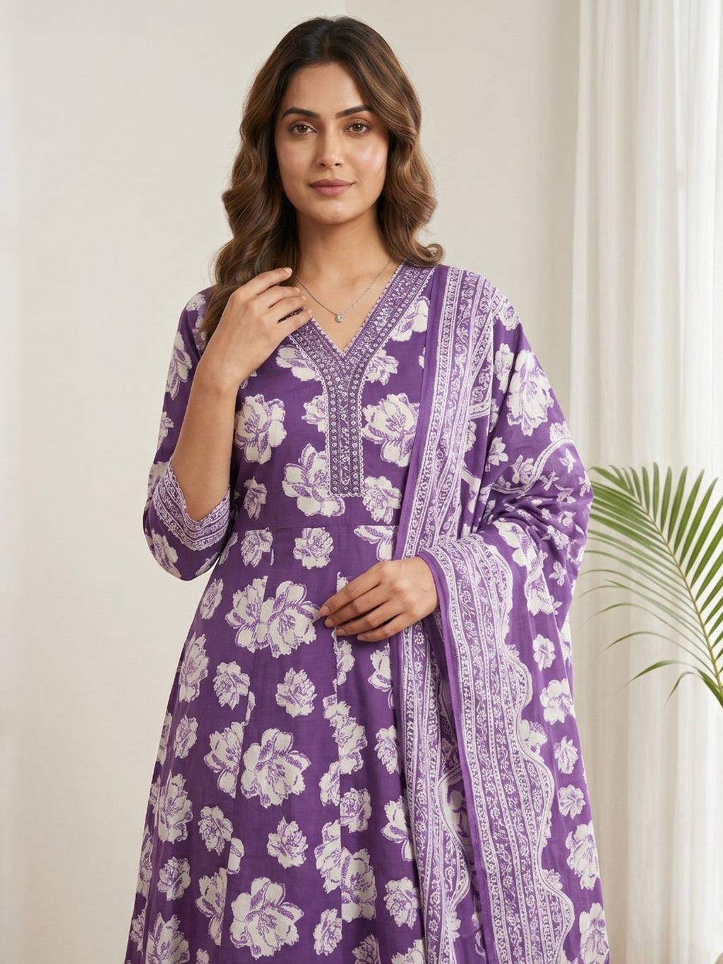 Purple Printed Cotton Blend Kurta With Pant & Dupatta