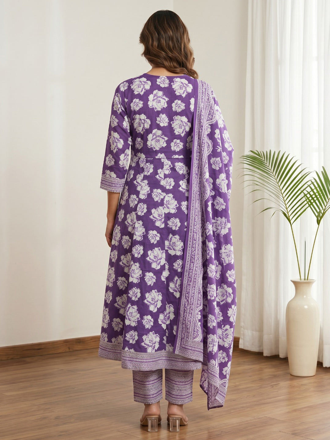 Purple Printed Cotton Blend Kurta With Pant & Dupatta