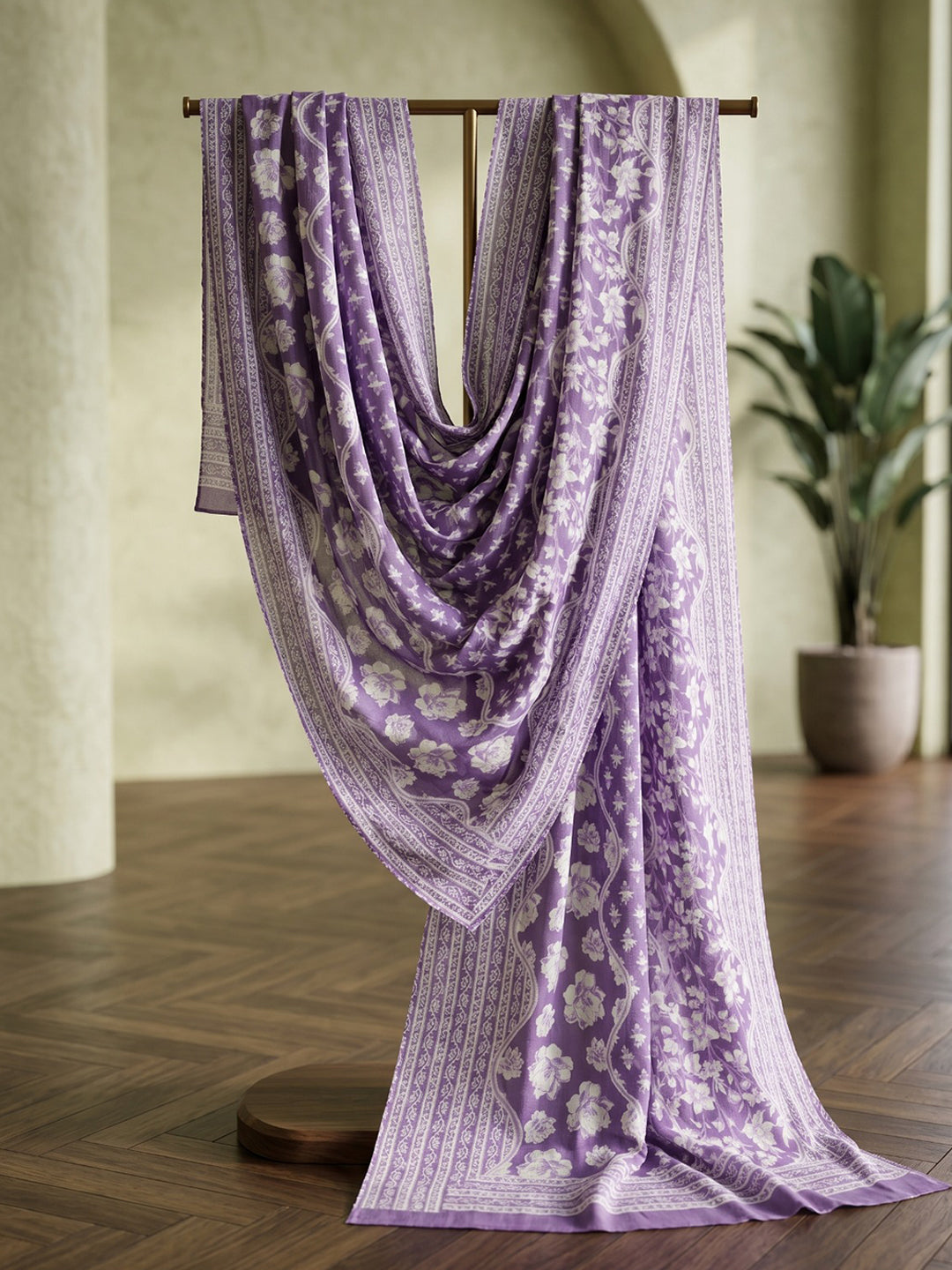 Purple Printed Cotton Blend Kurta With Pant & Dupatta