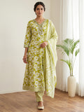 Green Printed Cotton Blend Kurta With Pant & Dupatta
