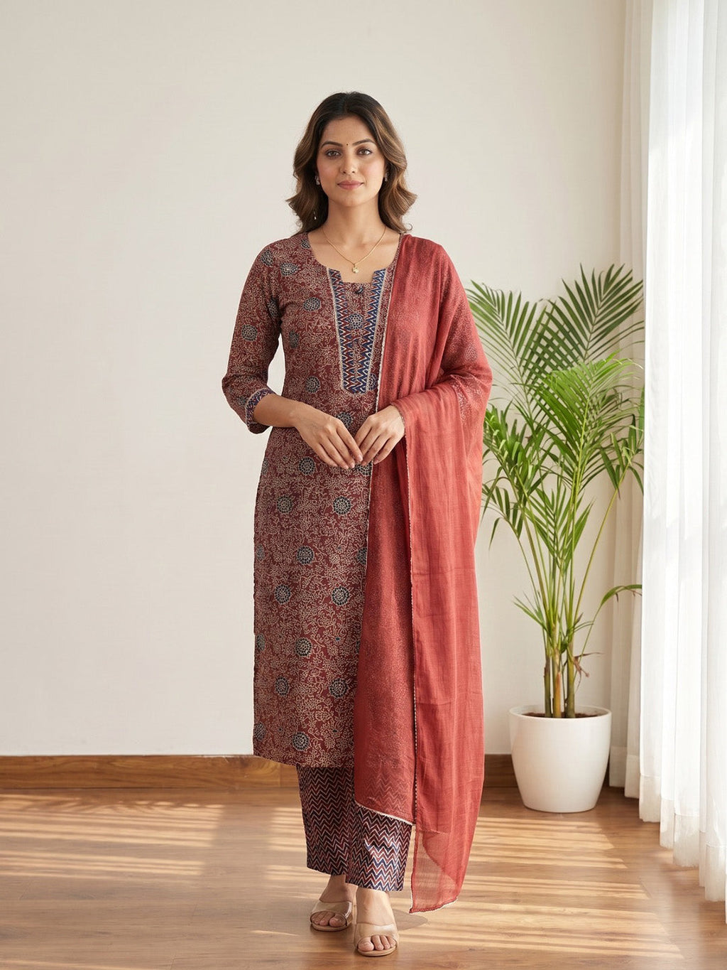 Red Printed Cotton Blend Kurta With Pant & Dupatta