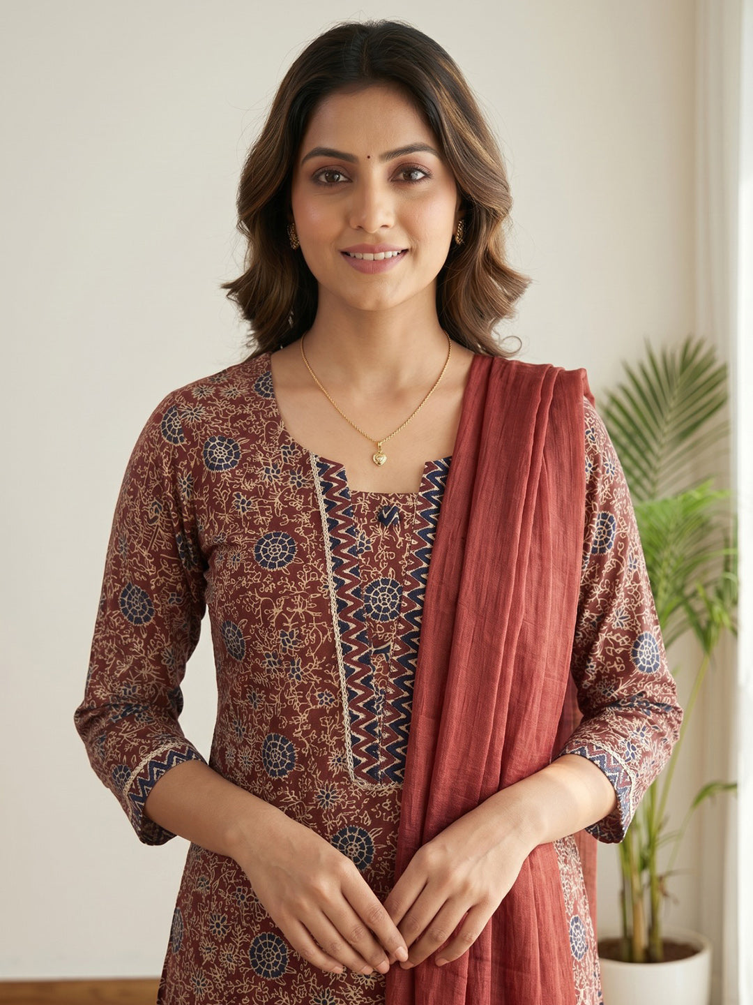 Red Printed Cotton Blend Kurta With Pant & Dupatta