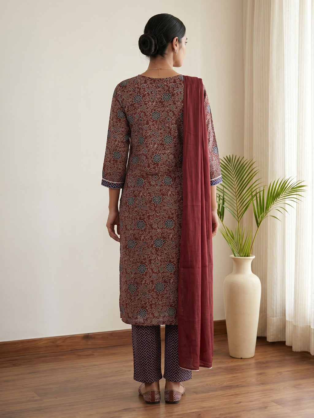 Red Printed Cotton Blend Kurta With Pant & Dupatta