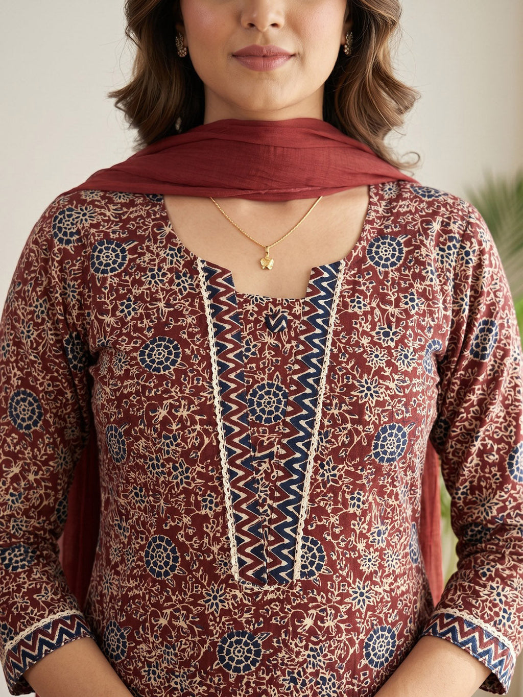 Red Printed Cotton Blend Kurta With Pant & Dupatta