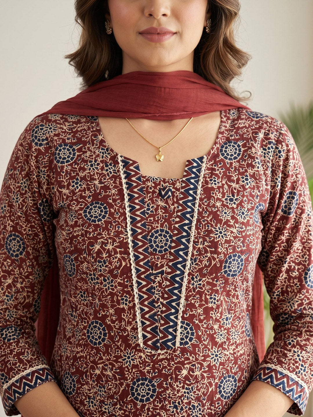 Red Printed Cotton Blend Kurta With Pant & Dupatta