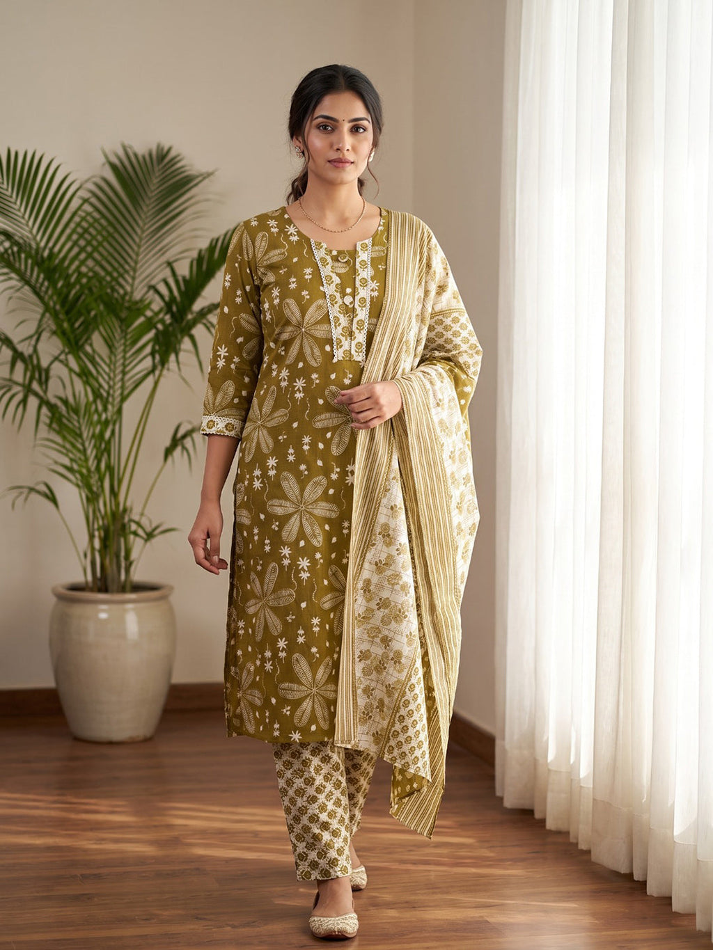 Mehndi Printed Cotton Blend Kurta With Pant & Dupatta