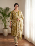 Mehndi Printed Cotton Blend Kurta With Pant & Dupatta