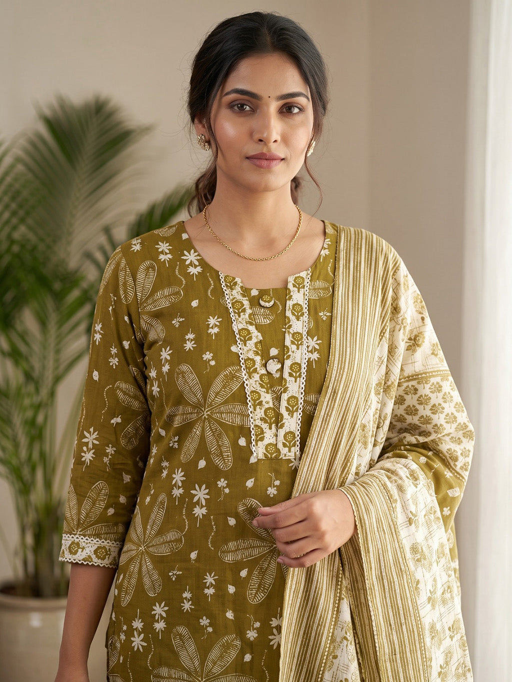 Mehndi Printed Cotton Blend Kurta With Pant & Dupatta