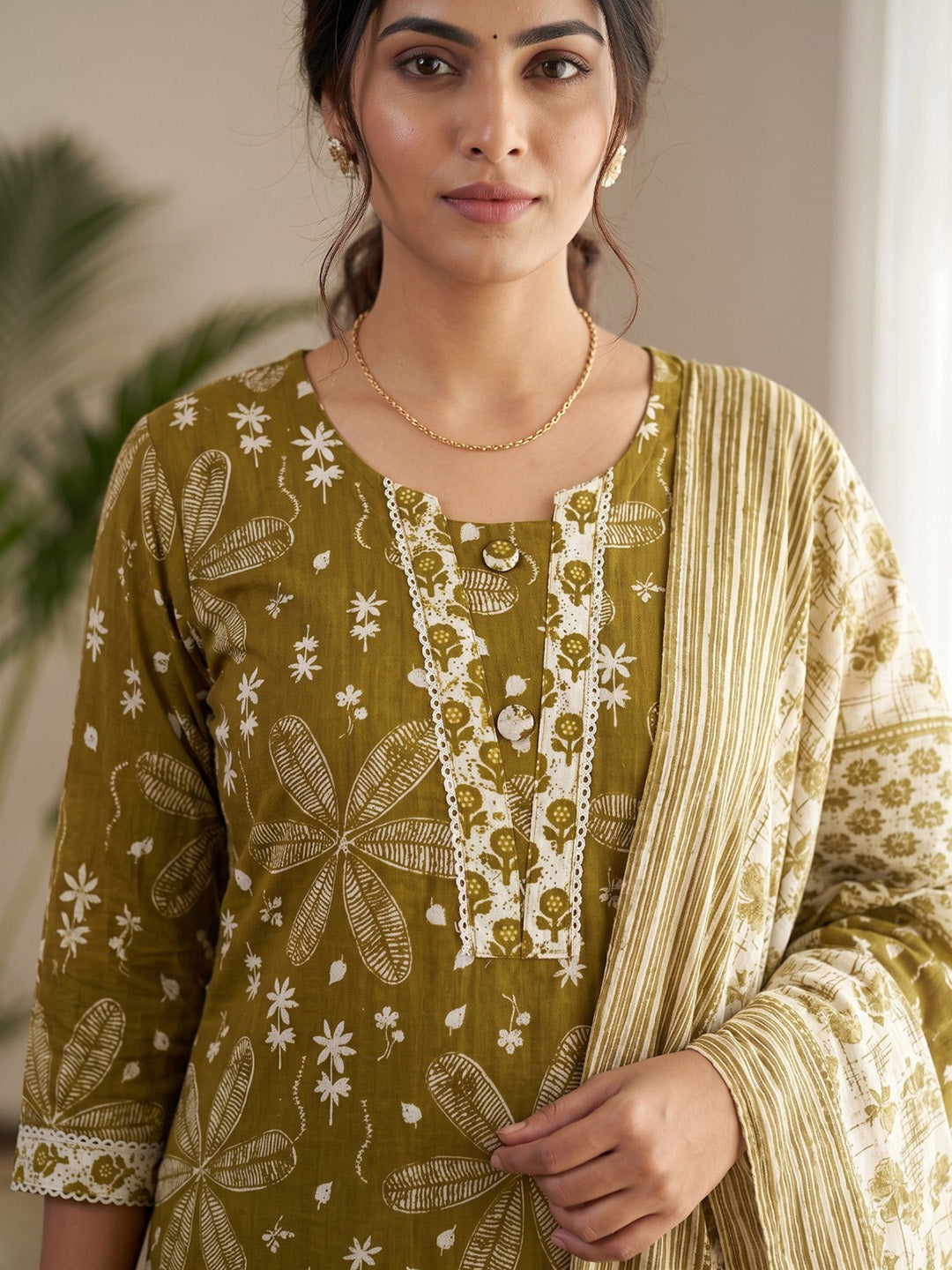Mehndi Printed Cotton Blend Kurta With Pant & Dupatta