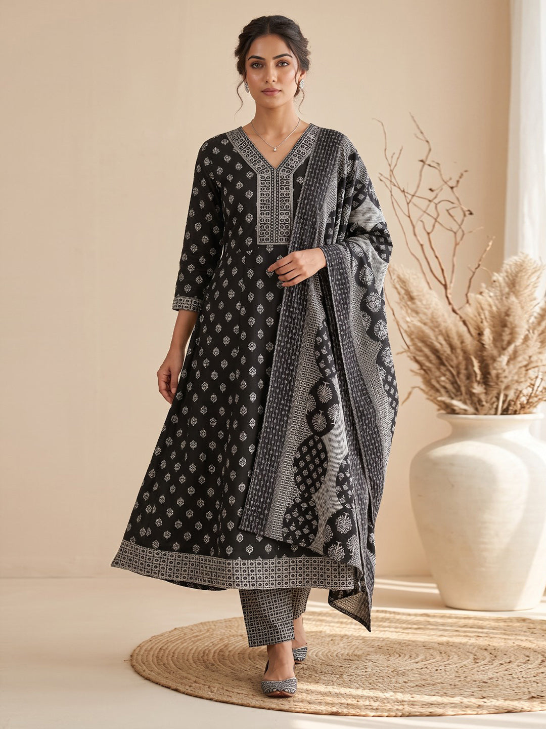 Black Printed Cotton Blend Kurta With Pant & Dupatta